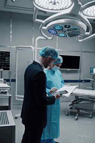 Profesional y médico revisando documentación en quirófano